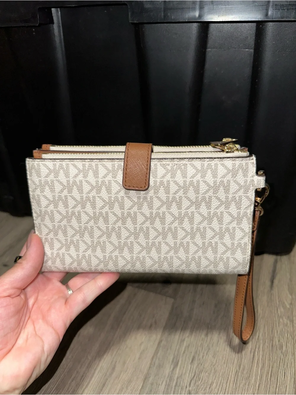 Michael Kors Beige MK Logo Wristlet with Tan Strap
